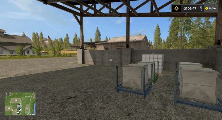 W jednym z brogów przy domu w Goldcrest Valley przygotowane są palety z nawozem, którymi napełnisz rozrzutniki nawozu i opryskiwacze - Nawozy i poprawa plonów w Farming Simulator 17 | Informacje o uprawach - Farming Simulator 17 - poradnik do gry