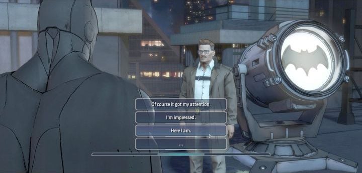 Po rozmowie z Harveyem zostaniesz przeniesiony na dach budynku, na którym czekać będzie na ciebie Gordon - Chapter 1 - State of the Union | New World Order - Batman: The Telltale Games Series - poradnik do gry
