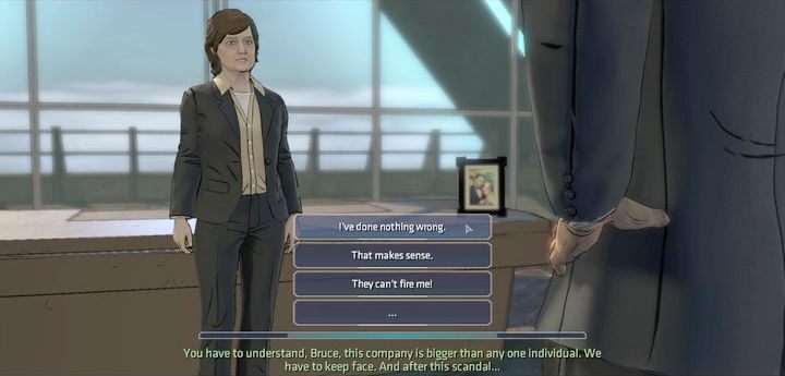 Jak widać pierwszy wybór nie ma większego znaczenia fabularnego, a zaraz po nim przeniesiesz się do siedziby firmy Wayne Corp - Chapter 3 - Hostile Takeover | New World Order Batman The Telltale Games Series - Batman: The Telltale Games Series - poradnik do gry