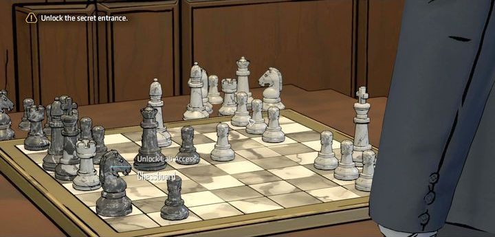 Po krótkiej rozmowie z Reginą odblokuj dostęp do laboratorium poprzez przeniesienie figury szachowej Chessboard - Unlock Lab Access, po czym udaj się do biurka i naciśnij sekretny przycisk - Chapter 3 - Hostile Takeover | New World Order Batman The Telltale Games Series - Batman: The Telltale Games Series - poradnik do gry