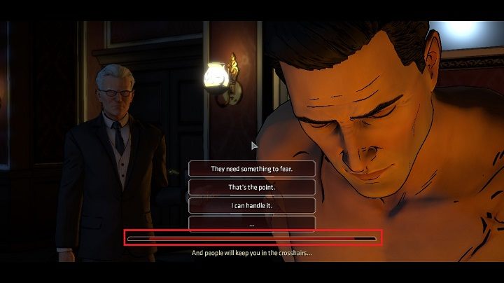 Na podjęcie decyzji masz ograniczony czas, którego upływ przedstawia pasek widoczny pod opcjami dialogowymi. - Mechanika rozgrywki | Podstawy Batman The Telltale Games Series - Batman: The Telltale Games Series - poradnik do gry
