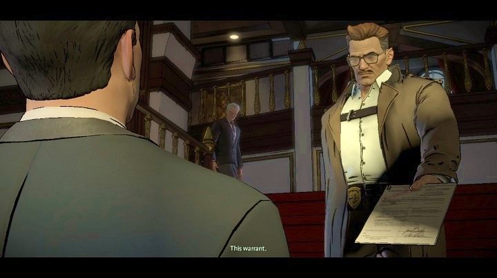 Gordon pokazuje ci nakaz, zapewniając, że całe zajście nie jest wymierzone w w ciebie, ale trzeba sprawdzić zaistniałą sytuację - Chapter 4 - Worlds Greatest Detective | Realm of Shadows - Batman: The Telltale Games Series - poradnik do gry