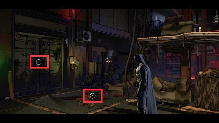 W tym obszarze, znajdziesz dwa obiekty: martwego najemnika i drzwi do kontenera - Chapter 4 - Worlds Greatest Detective | Realm of Shadows - Batman: The Telltale Games Series - poradnik do gry