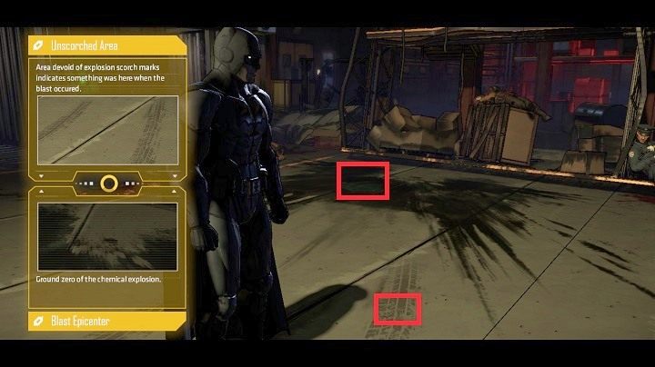 Operując odpowiednio kamerą i używając klawisza S, możesz zauważyć, że blisko plamy chemikaliów są ślady opon - Chapter 4 - Worlds Greatest Detective | Realm of Shadows - Batman: The Telltale Games Series - poradnik do gry
