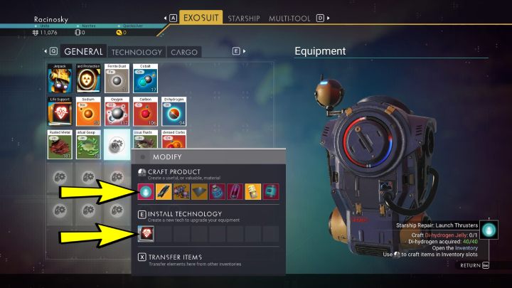 Jeśli chcecie wytworzyć przedmiot lub zainstalować nową technologię, musicie wejść w wyposażenie i wybrać odpowiednie na to miejsce, kombinezon, statek lub multinarzędzie - No Mans Sky: Od czego zacząć? - No Mans Sky - poradnik do gry