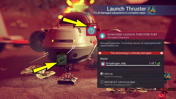 Przy naprawie technologii, wytworzone podzespoły lub zdobyte surowce będziecie musieli dostarczyć w wymagane miejsca - No Mans Sky: Od czego zacząć? - No Mans Sky - poradnik do gry