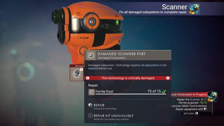 Po rozpoczęciu gry, Waszym pierwszym zadaniem będzie odbudowanie skanera - No Mans Sky: Jak opuścić pierwszą planetę? - No Mans Sky - poradnik do gry