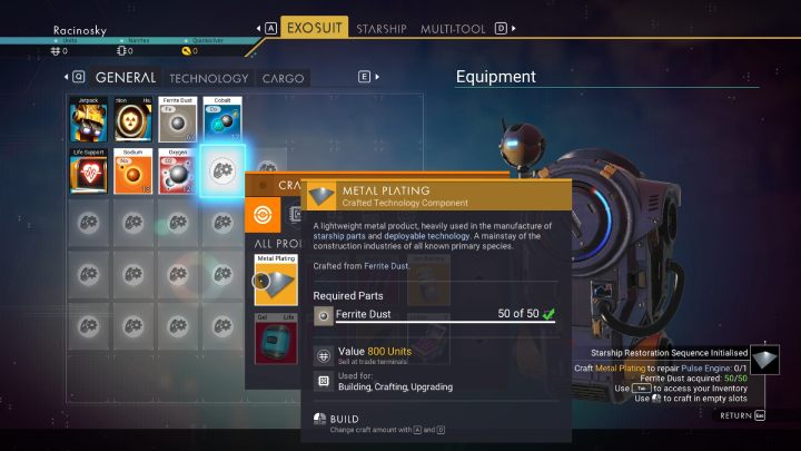 Zbierzcie 50 sztuk pyłu ferrytowego (Ferrit Dust) i otwórzcie swój ekwipunek - No Mans Sky: Jak opuścić pierwszą planetę? - No Mans Sky - poradnik do gry
