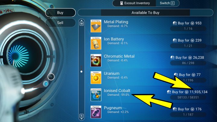 Pamiętajcie, że cena pierwiastka spadnie tylko wtedy, gdy sprzedacie jego dużą ilość - No Mans Sky: Jak zdobywać jednostki? - No Mans Sky - poradnik do gry