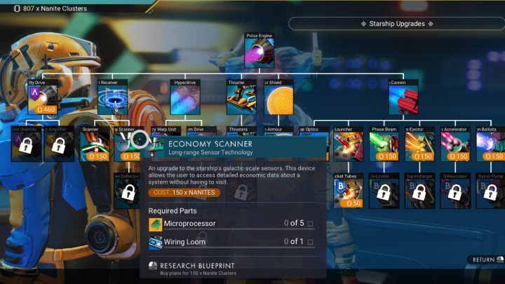 Projekt skanera gospodarczego kupicie za 150 jednostek (Nanites) na stacji kosmicznej Anomalii lub znajdziecie podążając za sygnałem ratunkowym do rozbitego statku - No Mans Sky: Ekonomia - skaner gospodarczy, typ ekonomii, trasy handlowe - No Mans Sky - poradnik do gry