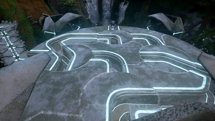 Po wykonaniu interakcji z umieszczonym na kolumnie przyciskiem widoczna na powyższym obrazku struktura przesuwa się o 90 stopni zgodnie z ruchem wskazówek zegara - Labirynt i nowe skróty | Opis przejścia Obduction - Obduction - poradnik do gry