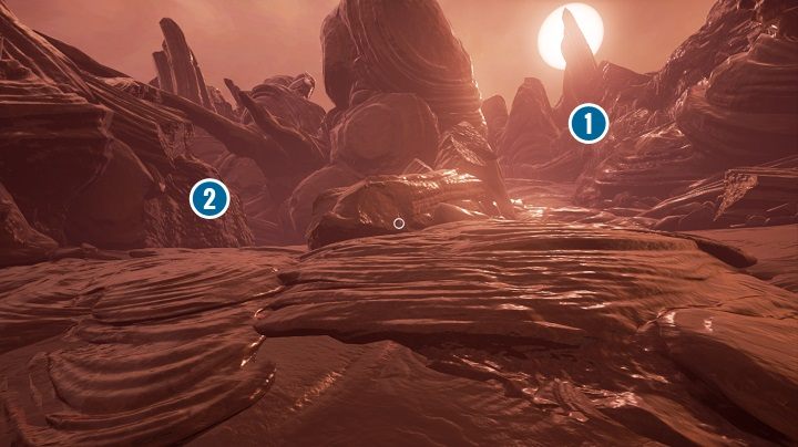 Gdy miniesz dwie duże skalne kolumny po lewej stronie pojawi się widoczne na powyższym zdjęciu rozdroże - Mosty, Drzewo Maray i Mofang | Opis przejścia Obduction - Obduction - poradnik do gry