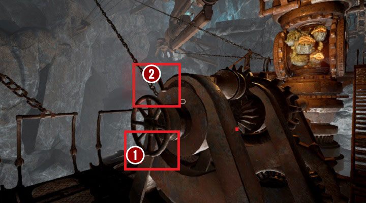 Na powyższym obrazku możesz zauważyć zawór[1] i dźwignię[2] - Kaptar | Opis przejścia Obduction - Obduction - poradnik do gry