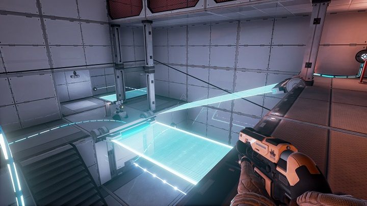 Niebieską wiązkę wypuszczamy do pustego pojemnika aby aktywować most przed nami - Chapter 7 - Opis przejścia - The Turing Test - poradnik do gry