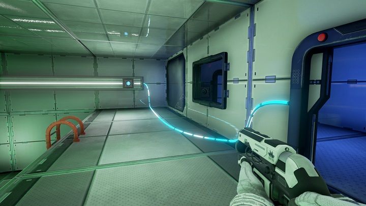 Wchodząc do pomieszczenia biegniemy początkowo na prawą stronę gdzie używamy urządzenia sterującego do przemieszczenia pojemnika z wiązką energii maksymalnie na drugą stronę - Chapter 5 - Opis przejścia - The Turing Test - poradnik do gry