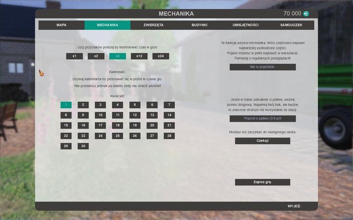 Drugi panel poświęcony został mechanice rozgrywki - możesz w nim kontrolować szybkość upływającego czasu, jak również przeskakiwać pomiędzy poszczególnymi dniami - Ustawienia | Podstawy | Polska Farma 2017 - Polska Farma 2017 - poradnik do gry