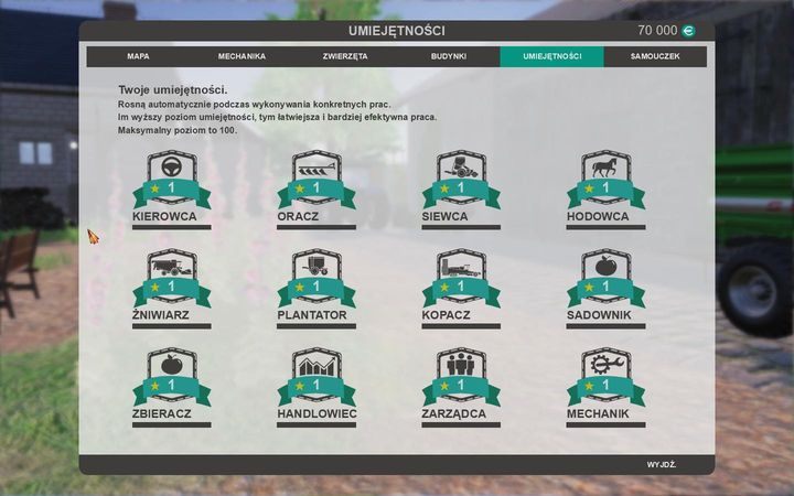 W kolejnym ekranie znajdziesz listę umiejętności, którą rozwijasz na przestrzeni całej rozgrywki - Ustawienia | Podstawy | Polska Farma 2017 - Polska Farma 2017 - poradnik do gry