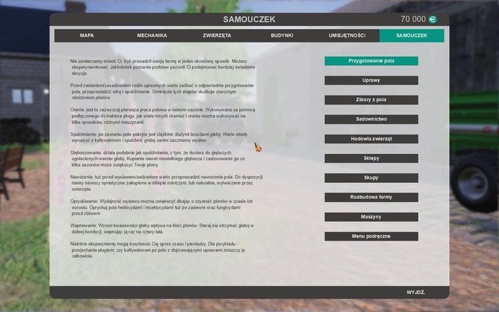 Ostatni panel to z kolei swoisty tutorial - znajdziesz tu garść podstawowych porad odnoszących się do poszczególnych elementów toczonej rozgrywki - Ustawienia | Podstawy | Polska Farma 2017 - Polska Farma 2017 - poradnik do gry