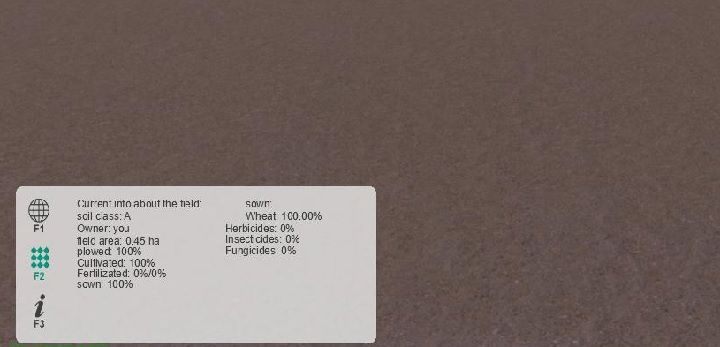 Drugi z ekranów (F2) informuje Cię o danych odnośnie pola, na którym aktualnie przebywasz - znajdziesz tam wiadomości odnośnie uprawy, stopnia zachwaszczenia, nawozu czy też przewidywanych plonów - PDA | Podstawy | Polska Farma 2017 - Polska Farma 2017 - poradnik do gry