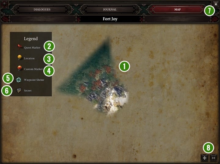 Na powyższym obrazku oznaczono poszczególne elementy mapy, którą możesz uruchomić w dowolnym momencie rozgrywki jako uzupełnienie mini-mapy widocznej z poziomu ekranu głównego - Interfejs Divinity Original Sin 2 | Podstawy - Divinity Original Sin 2 - poradnik do gry