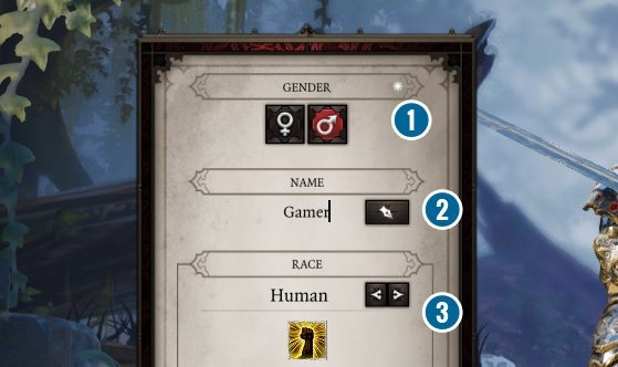 Pierwszymi działaniami, które są konieczne w procesie jest wybranie płci[1] i nadanie imienia[2] - Tworzenie bohatera w Divinity Original Sin 2 | Drużyna - Divinity Original Sin 2 - poradnik do gry