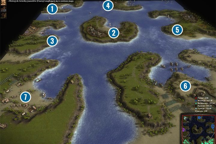 Sytuacja na mapie wygląda następująco: Twój port leży w górnym lewym rogu mapy (1), jest to francuska własność - Na służbie u joannitów | Kampania - Rozkwit francuskiej floty | Kozacy 3 - Kozacy 3 - poradnik do gry