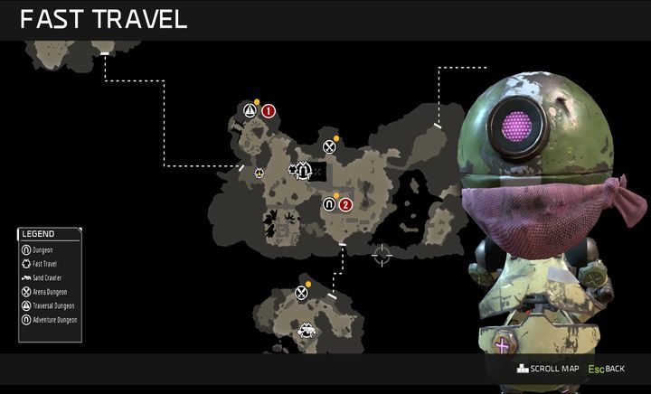 Zaznaczone na mapie punkty to jedyne podziemia, poza Pylonem, których wymagania w tej chwili spełniasz. - Misja 4: Whispers in the Sand | Opis przejścia ReCore - ReCore - poradnik do gry