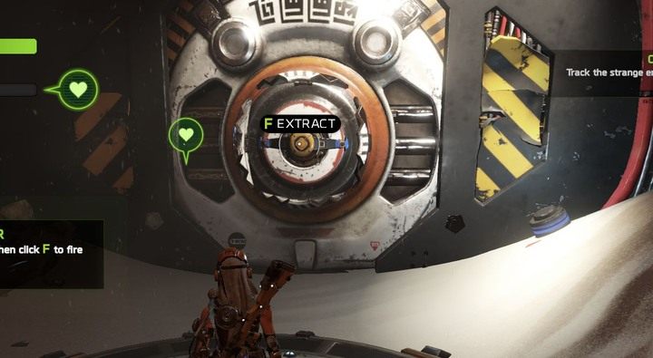 Aby otworzyć wrota należy przytrzymać klawisz F, aż kula na lince nie sięgnie Joule. - Misja 1: On The Hunt | Opis przejścia ReCore - ReCore - poradnik do gry