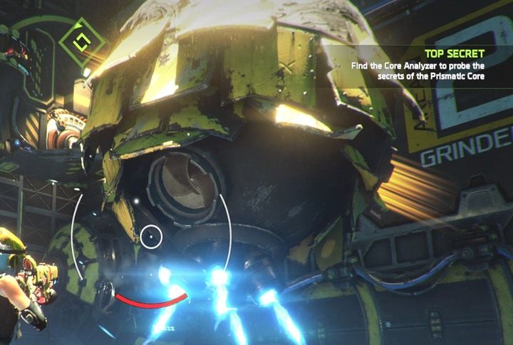 W walce z Master Corebyte Scavenger pamiętaj o tym, żeby atakować podświetlone wyloty. - Misja 7: Top Secret | Opis przejścia ReCore - ReCore - poradnik do gry