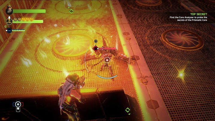 Walka w tym pomieszczeniu może sprawić trudności z racji na sekwencyjnie podpalaną podłogę, na co odporni są wrogowie. - Misja 7: Top Secret | Opis przejścia ReCore - ReCore - poradnik do gry