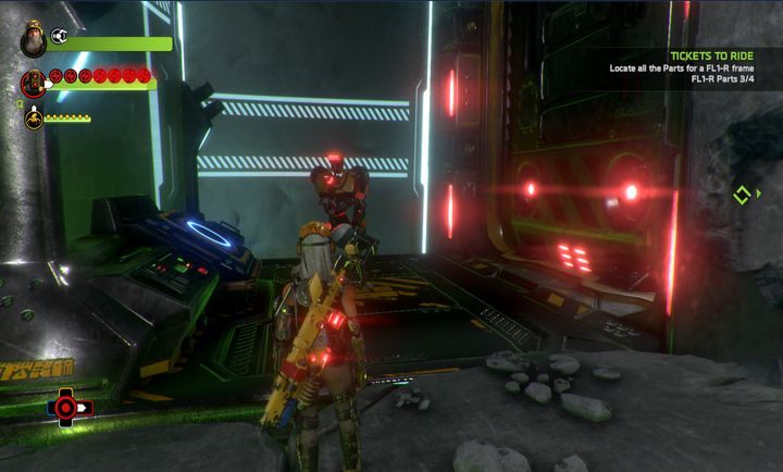 Cellbot ukryty jest na lewo od postaci, za czarnymi szpikulcami. - Misja 9: Altitude Adjustment | Opis przejścia ReCore - ReCore - poradnik do gry