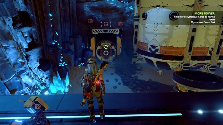 Wcześniej całkowicie niedostępne drzwi teraz staną przed Tobą otworem - wystarczy zestrzelić unoszące się nad nimi czerwone robociki. - Misja 3: Status Check | Opis przejścia ReCore - ReCore - poradnik do gry