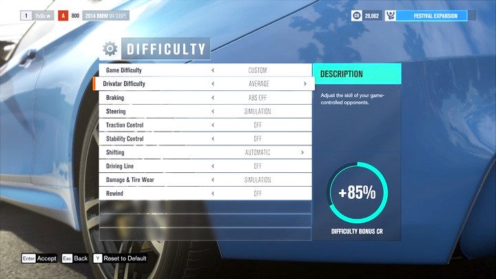 Tabela ustawień trudności i bonus kredytów widoczny w prawym rogu. - Poziom trudności i uszkodzenia | Podstawy rozgrywki w Forza Horizon 3 - Forza Horizon 3 - poradnik do gry