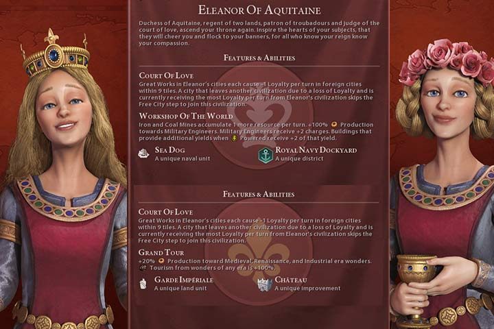 Eleonora to wyjątkowa przywódczyni, który może stać na czele dwóch nacji, które są już o dłuższego czasu w grze - Francji i Anglii - Civilization 6 Gathering Storm: Francja i Anglia, Eleonor, opis nacji, porady - Sid Meiers Civilization VI - poradnik do gry