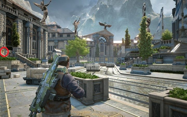 Po walce na placu możesz zebrać plakat z lewej strony u wejścia do budynku - Akt 1:1 - Rajd | Opis przejścia Gears of War 4 - Gears of War 4 - poradnik do gry