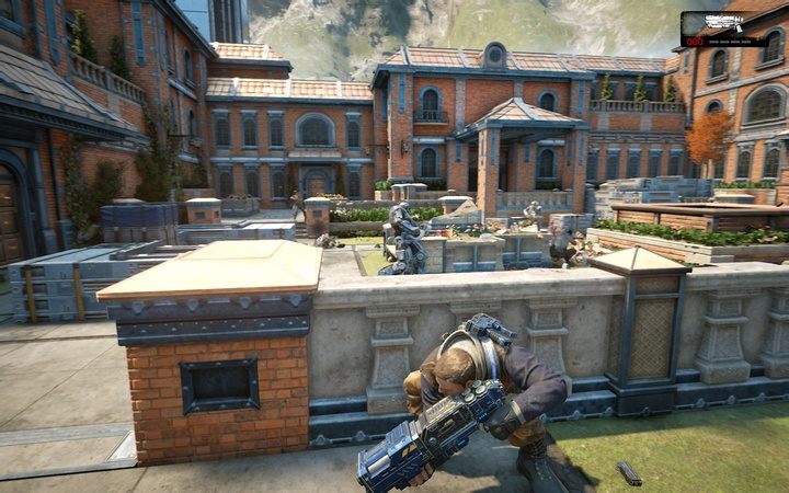 Warto szybko rozwalić robota z minigunem i użyć go to pokonania jego towarzyszy - Akt 1:3 - Nowi znajomi | Opis przejścia Gears of War 4 - Gears of War 4 - poradnik do gry