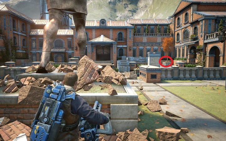 Jedyny sekret w tym etapie znajdziesz na tej samej arenie dziedzińca, pod pomarańczowym drzewkiem w rogu. - Akt 1:3 - Nowi znajomi | Opis przejścia Gears of War 4 - Gears of War 4 - poradnik do gry