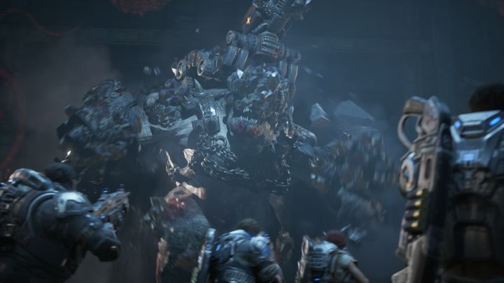 Walka z bossem. Nie dość że ma wielką siłę ognia, to jeszcze przywołuje Pomioty - Akt 4:5 - Ostrzeżenie przed burzą | Opis przejścia Gears of War 4 - Gears of War 4 - poradnik do gry