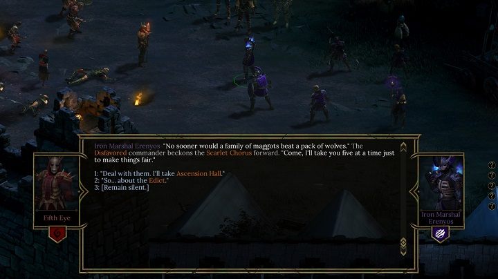 Rozmowy zawsze prowadzisz z perspektywy bohatera stworzonego na początku rozgrywki, ale niejednokrotnie inni członkowie drużyny włączą się do rozmowy w reakcji na wybrane przez ciebie wypowiedzi - Dialogi w Tyranny - Tyranny - poradnik do gry