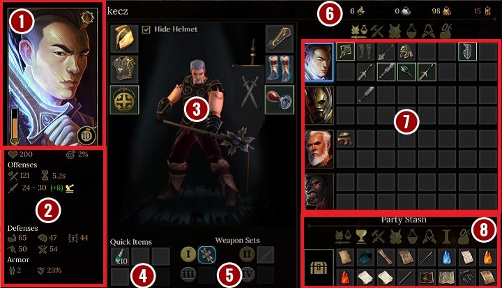 Na powyższym obrazku możesz zobaczyć panel, który pojawi się po wybraniu ekranu ekwipunku - Interfejs w Tyranny | Solucja Tyranny - Tyranny - poradnik do gry