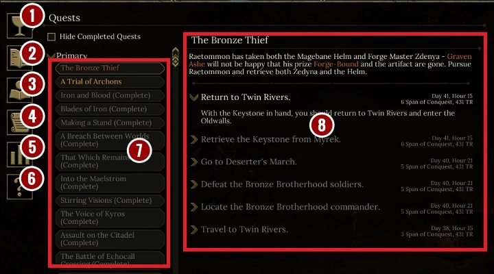 W ramach dziennika możesz uruchomić kilka zakładek, których spis znajdziesz poniżej - Interfejs w Tyranny | Solucja Tyranny - Tyranny - poradnik do gry