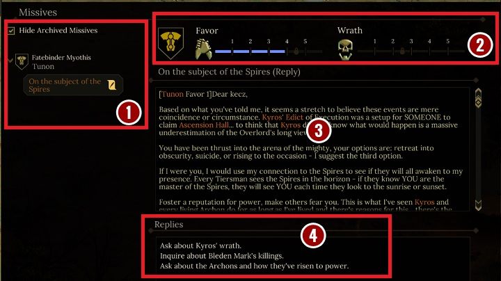 Na powyższym obrazku widzisz panel, który umożliwia ci wysyłanie listów i ich odczytywanie - Interfejs w Tyranny | Solucja Tyranny - Tyranny - poradnik do gry