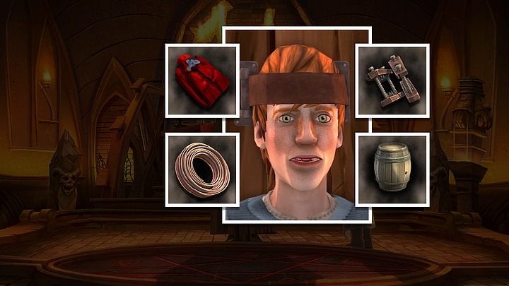 W zbliżeniu na biednego Fergusa użyj peleryny Caytir, opiłowanych butów, pasków i ikonki beczki (niezbędne elementy kombinacji na fotce powyżej) - Rozdział czwarty - zamek Inverloch | Opis przejścia | Yesterday Origins - Yesterday Origins - poradnik do gry