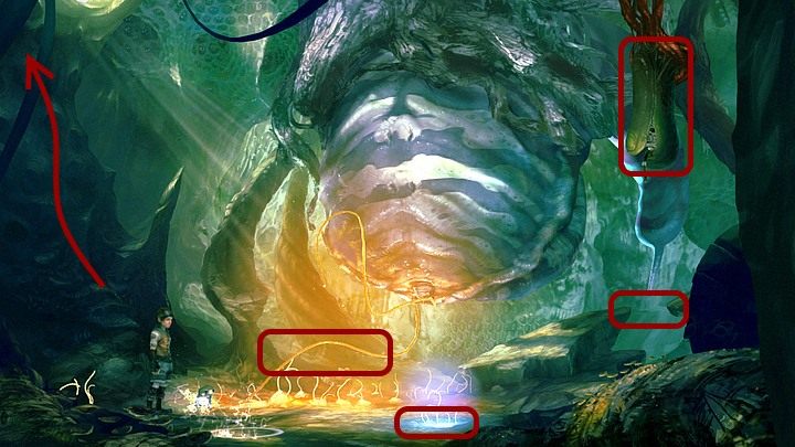 (Jeśli zaraz po wejściu każesz Spotowi wracać na górę, otrzymasz osiągnięcie Na podbój szczytu, o ile wcześniej stworek podjął próbę wspięcia się na miodowe drzewo) - Rozdział drugi | Opis przejścia Silence - Silence - poradnik do gry