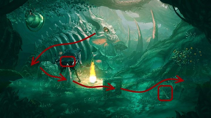 Kiedy czający się poszukiwacz zwróci się maską w stronę ekranu, czyli nie będzie patrzeć na Renie, kliknij fragment skamieniałego szkieletu po lewej (kryjówka), by dziewczynka się za nim ukryła - Rozdział drugi | Opis przejścia Silence - Silence - poradnik do gry