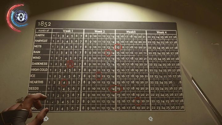 Jeden z wielu kalendarzy. W twoim przypadku cyfry mogą być inne. - Zdobądź ciało wicerewidenta Byrnea | Misja 6 - Dzielnica pyłu | Dishonored 2 - Dishonored 2 - poradnik do gry