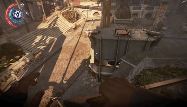 Doskonałe miejsce do sprawdzenia terenu. - Skorzystaj z kolejki w dolnej Avencie | Misja 4 - Mechaniczna rezydencja - Dishonored 2 - poradnik do gry