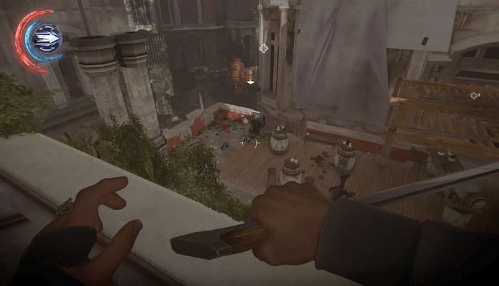 Poczekaj aż strażniczka i cywil skończą rozmowę. - Pomóż sklepikarzowi (opcjonalne) | Misja 5 - Cesarskie Konserwatorium - Dishonored 2 - poradnik do gry