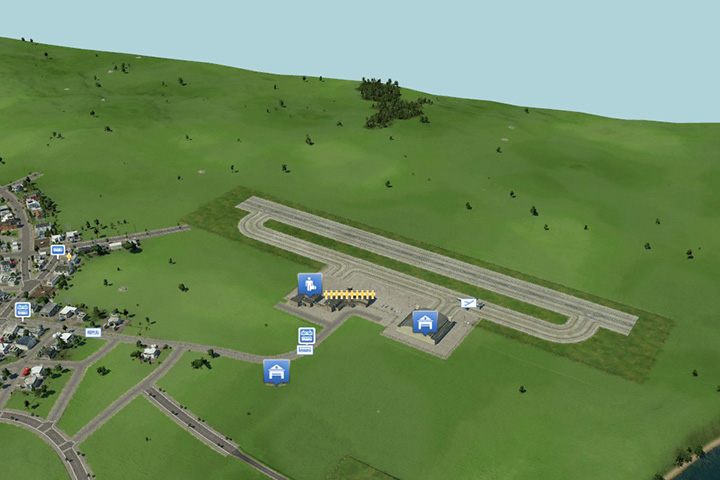 Lotniska wymagają sporej przestrzeni, więc najlepiej wybudować je na obrzeżach miasta - Budowanie dróg, kolei, przystani i lotnisk w Transport Fever - Transport Fever - poradnik do gry