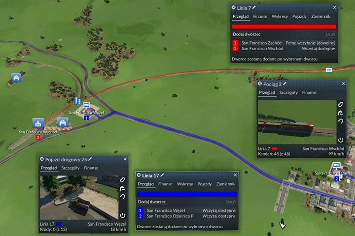 Pociąg dostarcza kamień do fabryki. Natomiast, ciężarówka czeka na materiały budowlane, a następnie zabieraja towar do dzielnicy przemysłowej. - Tworzenie połączeń w Transport Fever - Transport Fever - poradnik do gry